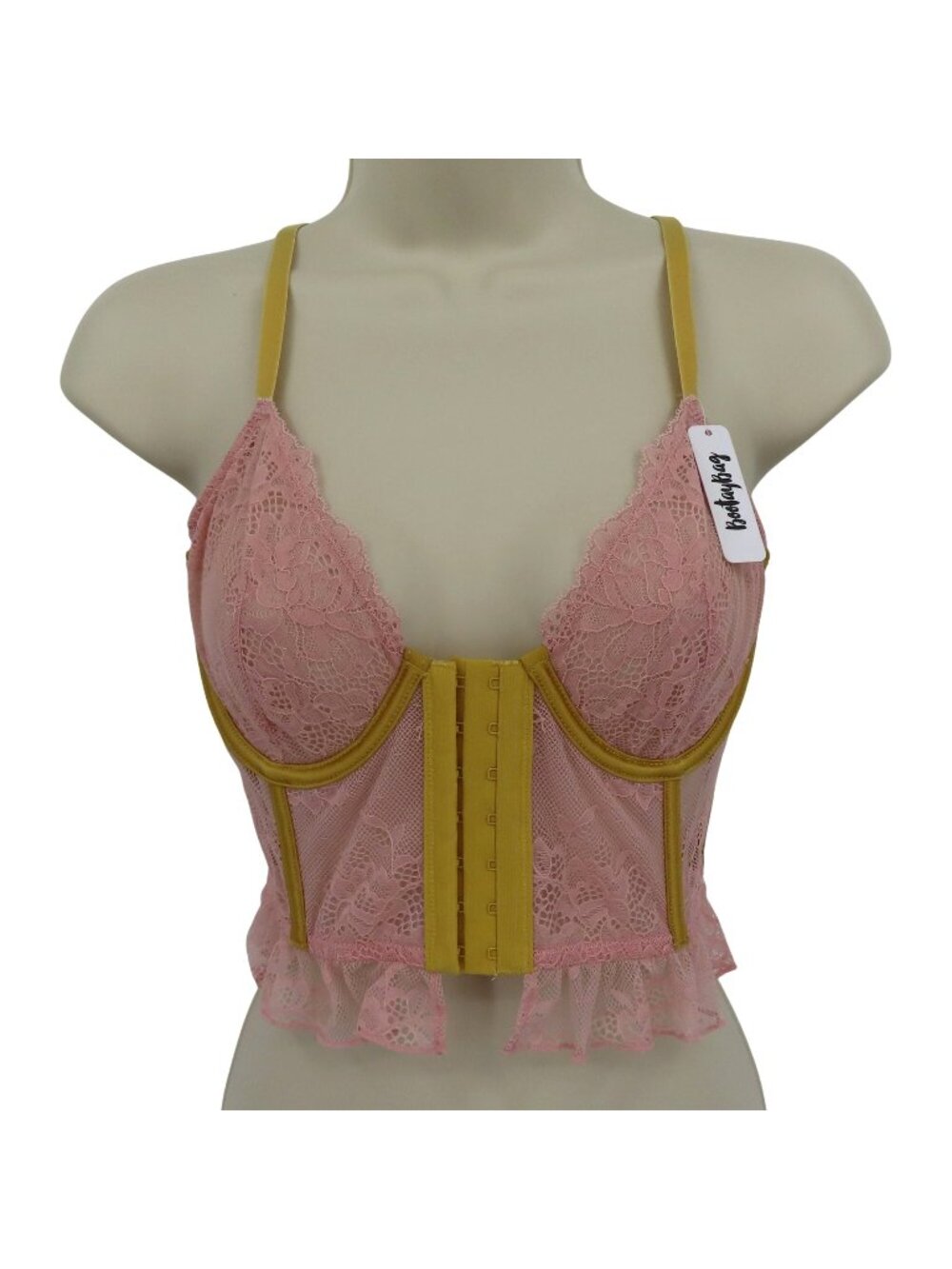 Bootay Bag Women Medium Pink Yellow Sheer Flower Lace Underwire Longline Bra NEW